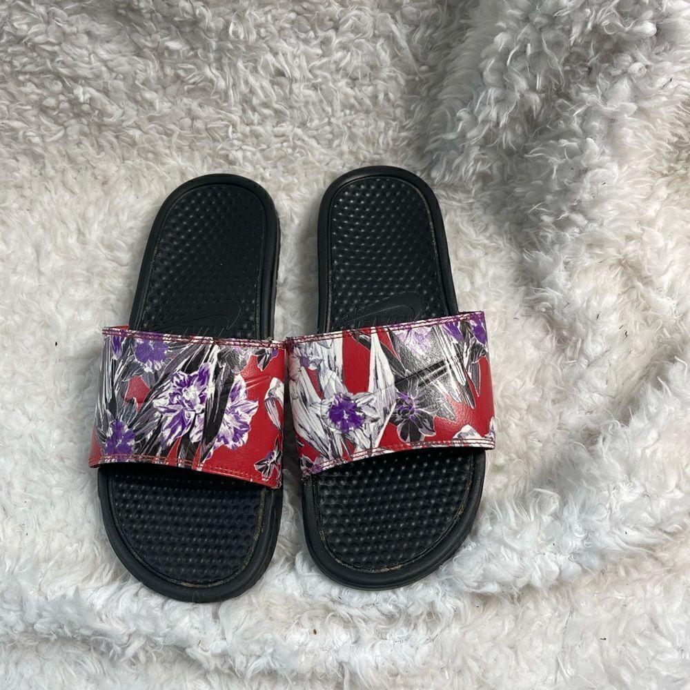 Nike Benassi Red with purple ,white &gray floral prints slides size 9